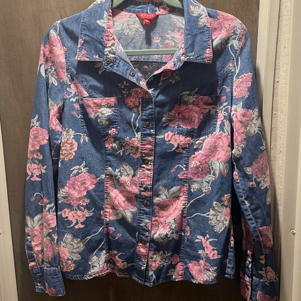 Guess Floral Snap Denim Shirt size large
